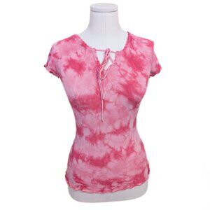 Vintage Y2K Knit Pink Tie Dye T Shirt Lettuce Hem Boho Beach Summer Pastel Sz S